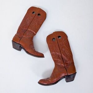 Vintage Tan Leather Cowboy Boots Contrast Stitching Heels Arched